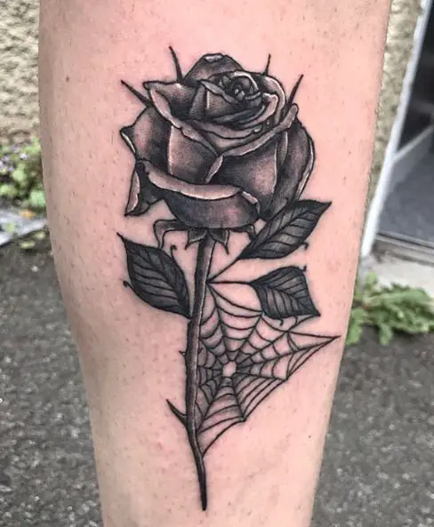 Black and Grey Gothic Rose with Spider Web Thigh Tattoo
