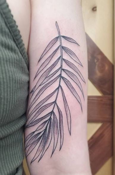 Black and Grey Shaded Palm Frond Forearm Tattoo