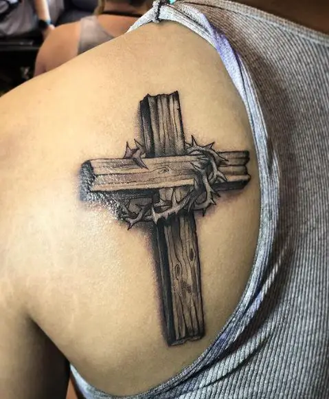 Shaded Wooden Cross with Thorns Back Tattoo