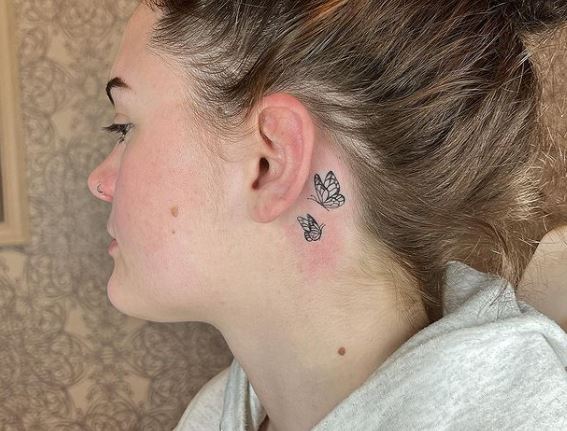 Pair of Butterflies Behind Ear Tattoo