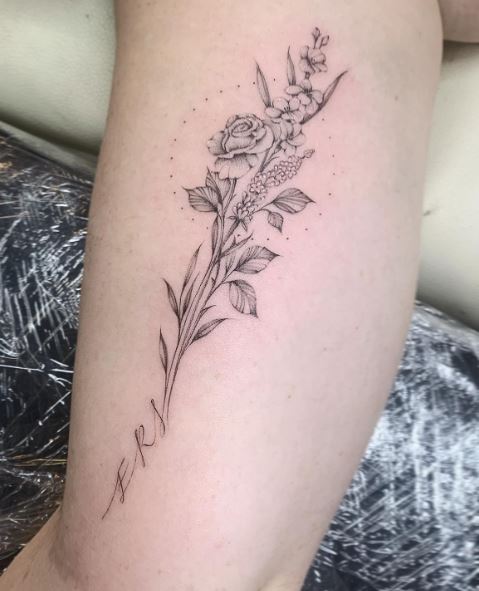 Rose, Gladiolus and Lavender with Initials Inner Biceps Tattoo