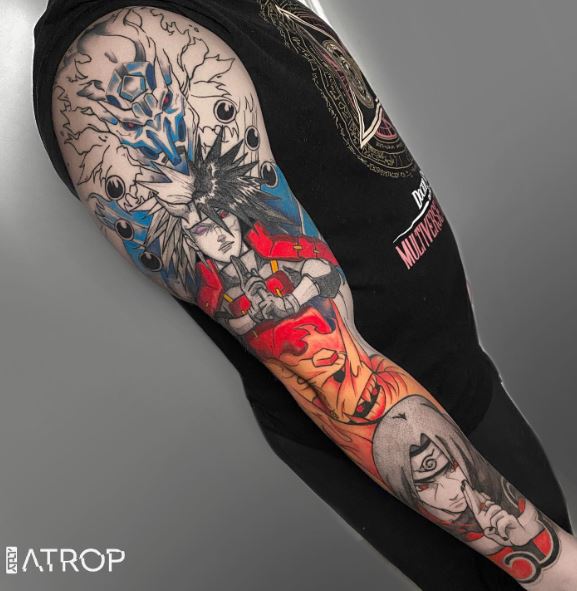 Colorful Naruto Arm Sleeve Tattoo