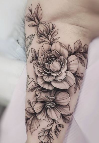 Black and Grey Flowers Inner Biceps Tattoo