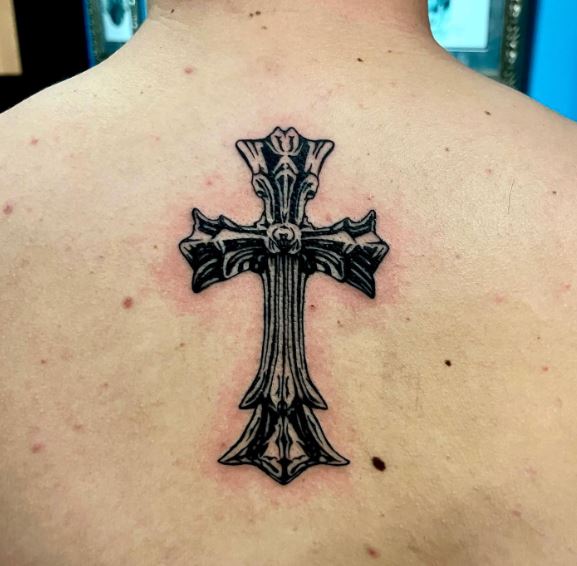 Black Ornamented Cross Spine Tattoo
