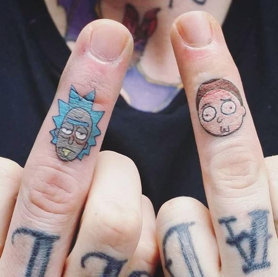 Colored Rick and Morty Middle Fingers Tattoos