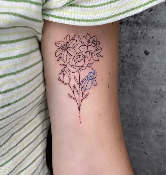 Black and Grey Bouquet of Flowers Inner Biceps Tattoo