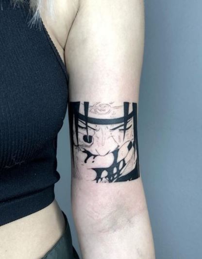 Black and Grey Itachi Uchiha Biceps Tattoo