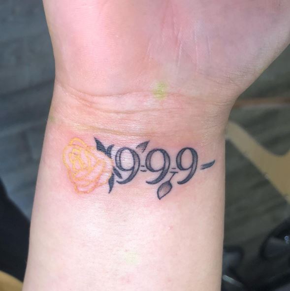 Golden Rose and 999 Wrist Tattoo