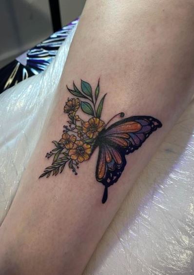Colorful Floral Butterfly Leg Tattoo