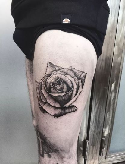 Black and Grey Gothic Rose Thigh Tattoo