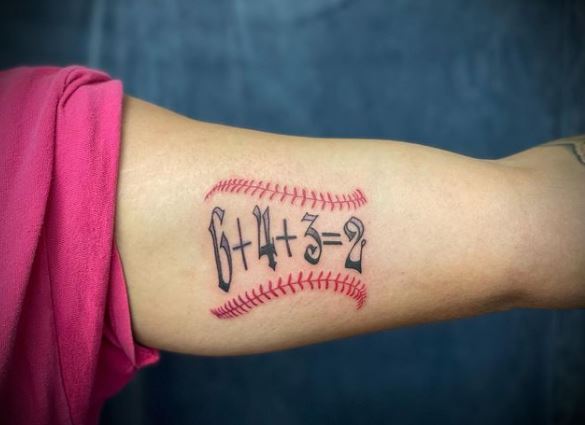 Baseball Seam Stitch with Numbers Inner Biceps Tattoo