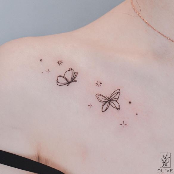Stars and Butterflies Collarbone Tattoo