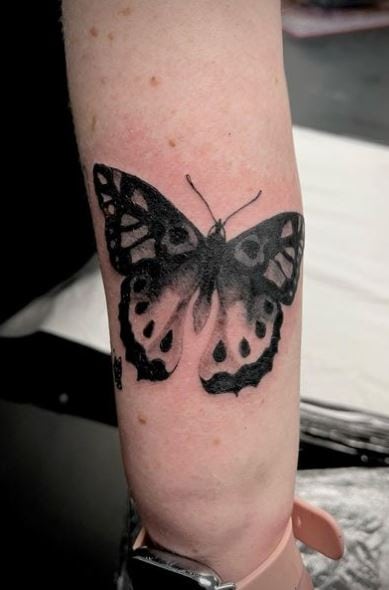 Black and Grey Gothic Butterfly Arm Tattoo