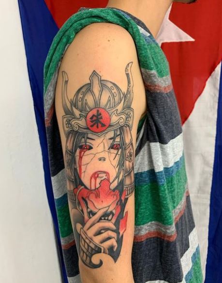 Itachi Uchiha with Red Devil Mask Arm Tattoo