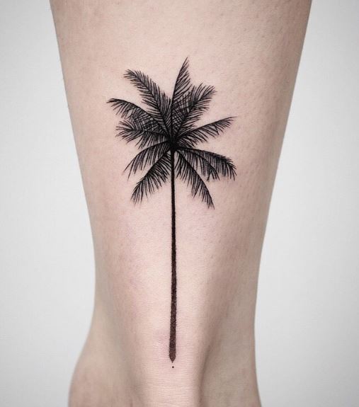 Black Minimalistic Palm Tree Calf Tattoo