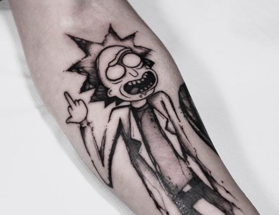 Black and Grey Rick with Middle Finger Forearm Tattoo