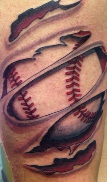 Colored Ripped Skin and Baseball Ball Tattoo