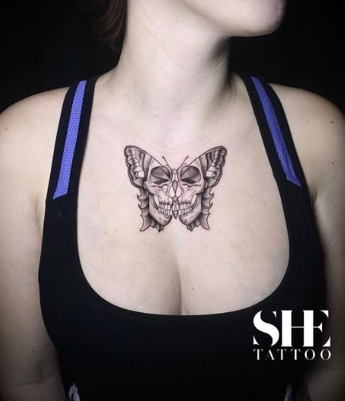 Gothic Butterfly with Skull Chest Tattoo