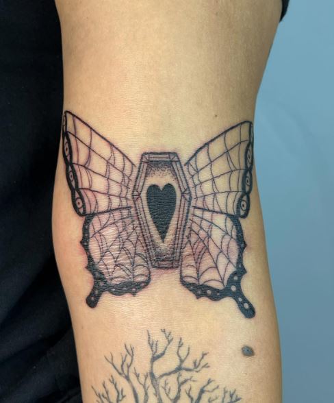 Gothic Butterfly with Heart and Coffin Arm Tattoo