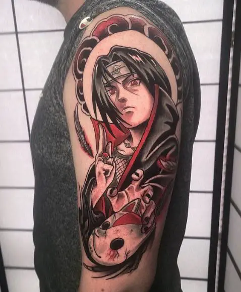 Colored Itachi Uchiha with Anbu Mask Arm Tattoo