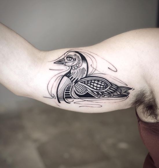 Black and Grey Duck Inner Biceps Tattoo