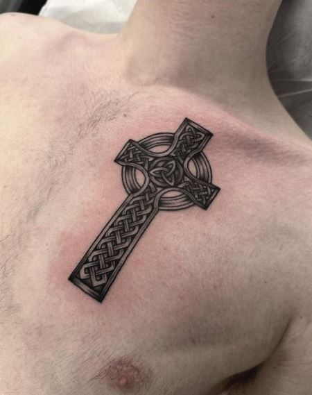 Black and Grey Celtic Cross Chest Tattoo