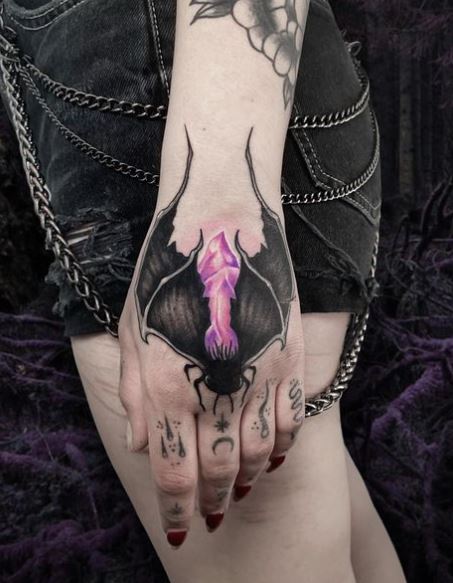 Black Gothic Butterfly with Amethyst Crystal Hand Tattoo