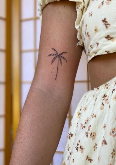 Black and Grey Minimalistic Palm Tree Biceps Tattoo