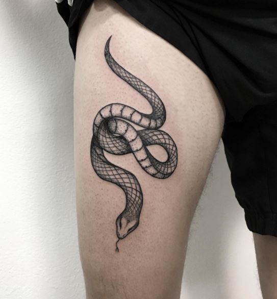 Shaded Black and Grey Snake Thigh Tattoo