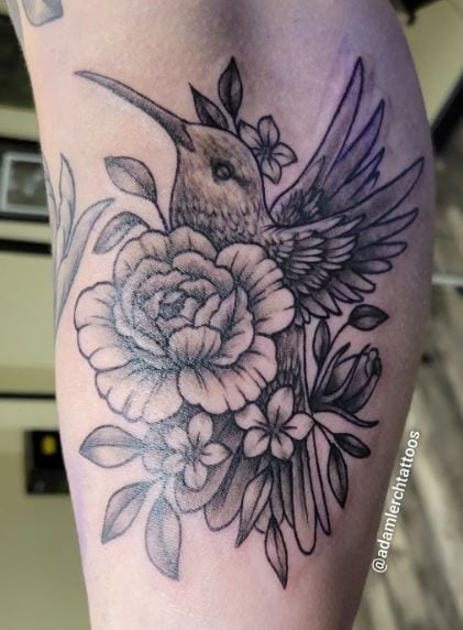 Black and Grey Flower and Hummingbird Inner Biceps Tattoo