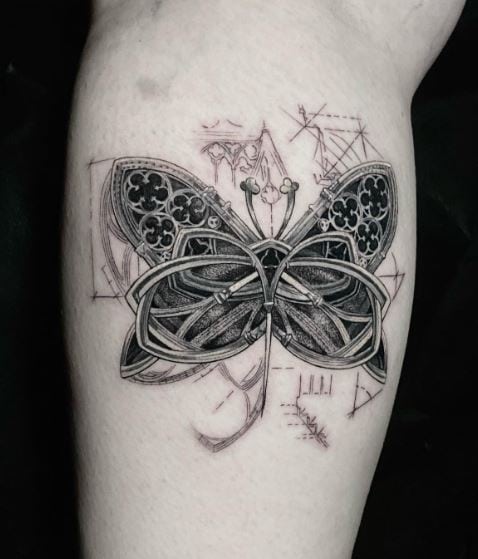 Geometrical Ornamented Gothic Butterfly Calf Tattoo
