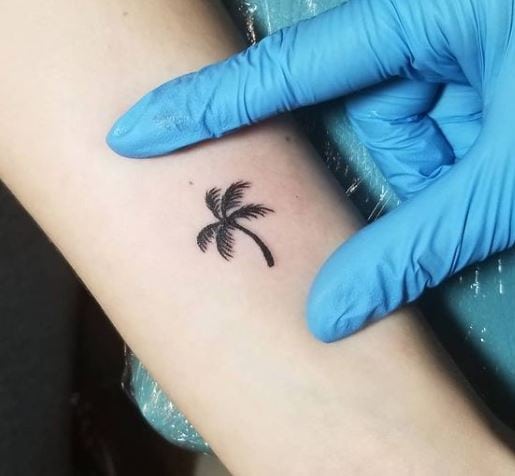 Black Minimalistic Palm Tree Forearm Tattoo