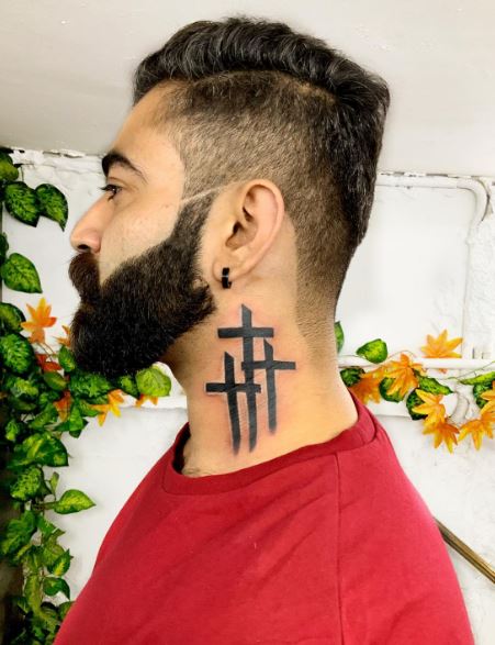 Black Three Cross Neck Tattoo