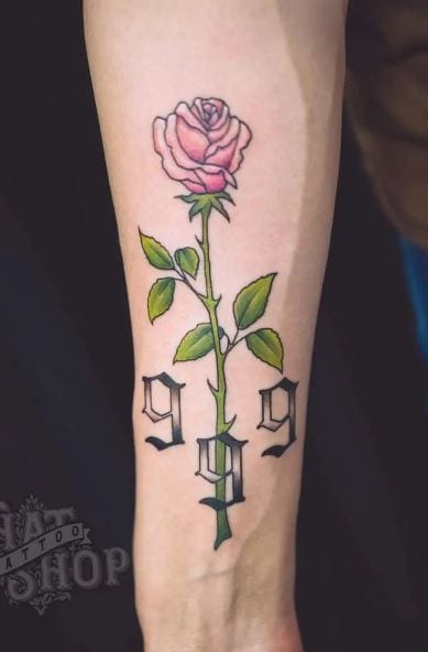 Colorful Rose and 999 Forearm Tattoo