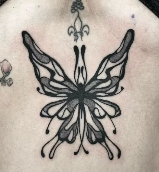 Black and Grey Gothic Butterfly Stomach Tattoo