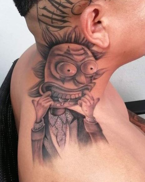 Grey Shaded Rick with Grimace Neck Tattoo