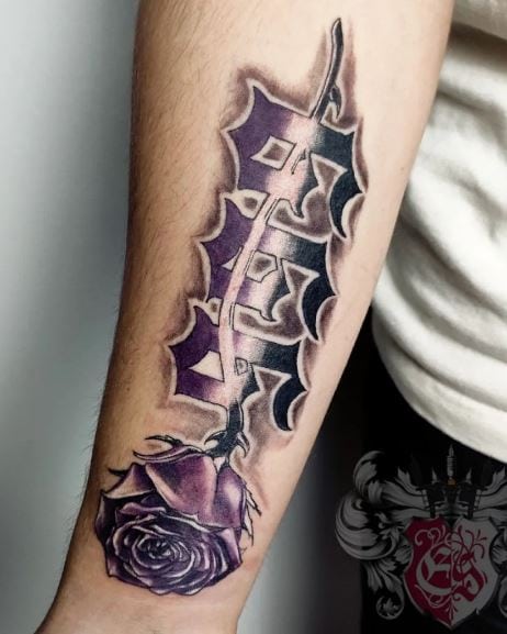 Black and Purple Rose and 999 Forearm Tattoo