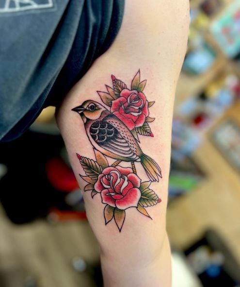 Red Roses and Bird Inner Biceps Tattoo