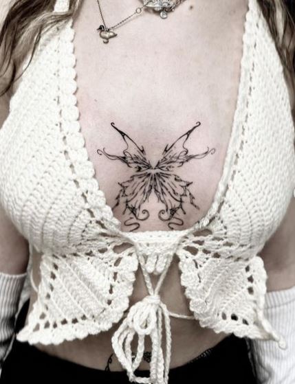 Black and Grey Gothic Butterfly Sternum Tattoo