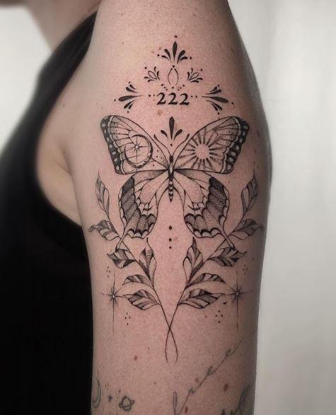 Leaves and 222 Angel Number with Symmetrical Butterfly Arm Tattoo