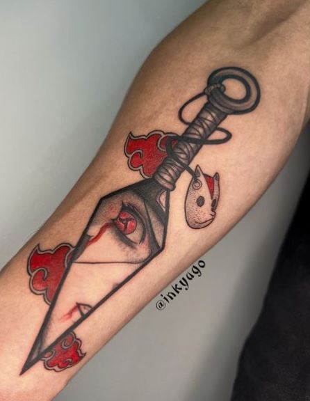 Dagger and Itachi Uchiha with Anbu Mask Forearm Tattoo