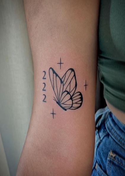 Stars and 222 Angel Number with Butterfly Biceps Tattoo