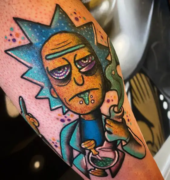Colorful Rick with Green Potion Arm Tattoo