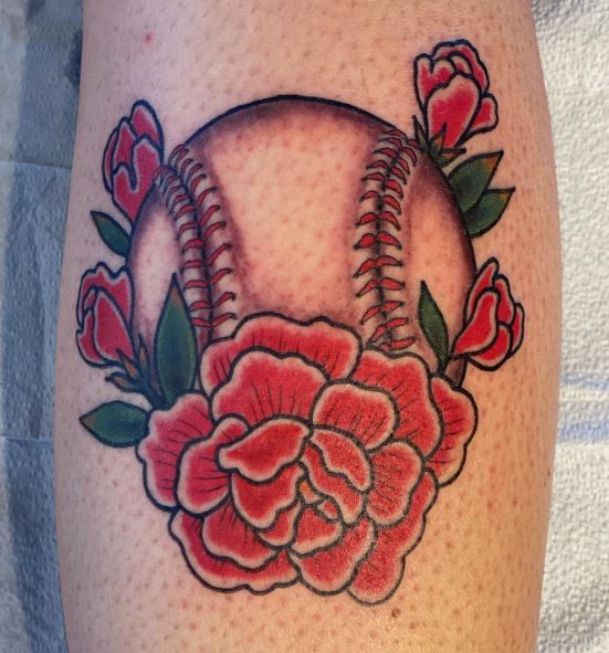 Red Peonies and Baseball Ball Leg Tattoo