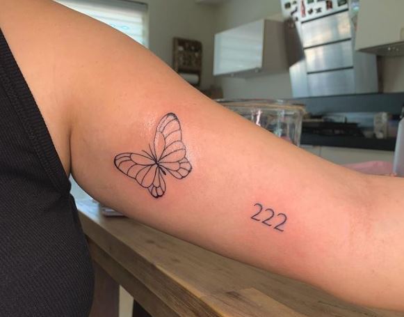 222 Angel Number with Butterfly Inner Biceps Tattoo