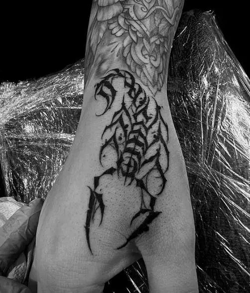Black Gothic Scorpion Hand Tattoo