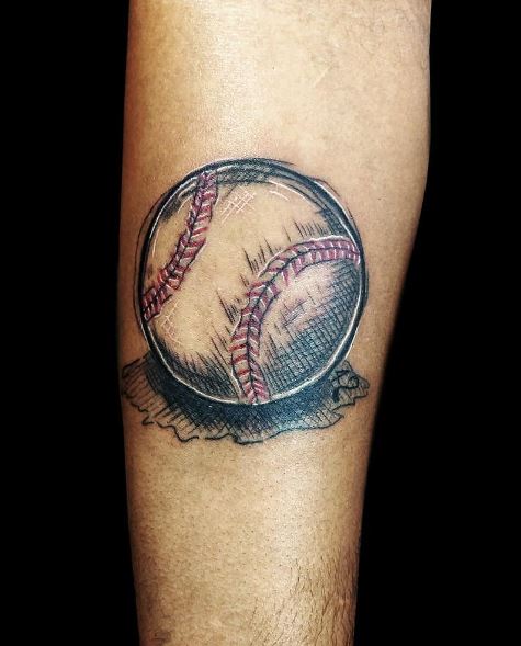 Sketched Baseball Ball with Red Stitches Forearm Tattoo