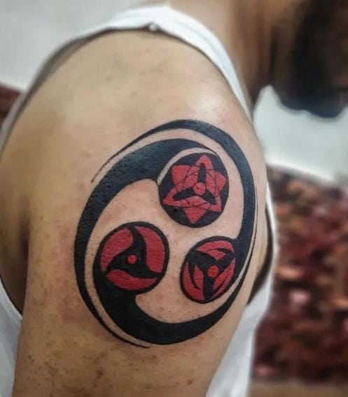 Black and Red Sasuke Curse Mark Shoulder Tattoo