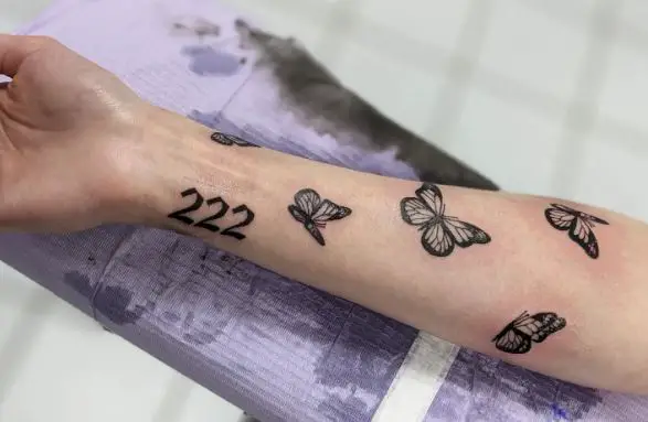 222 Angel Number with Butterflies Forearm Tattoo