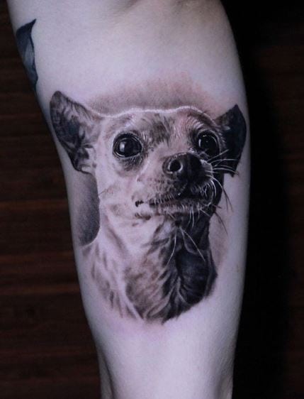 Black and Grey Dog Inner Biceps Tattoo
